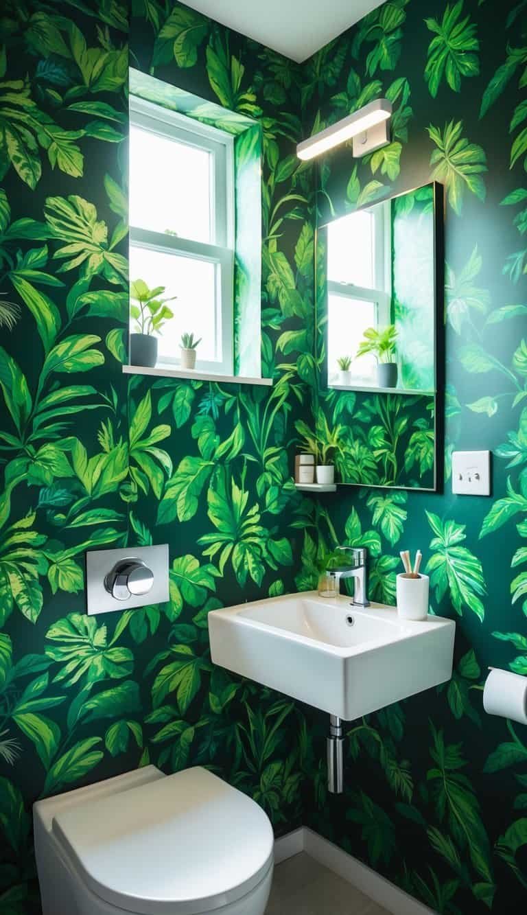 half bathroom wallpaper ideas - Small half bathroom with tropical leaf patterned wallpaper, a white sink, mirror, and a small potted plant.