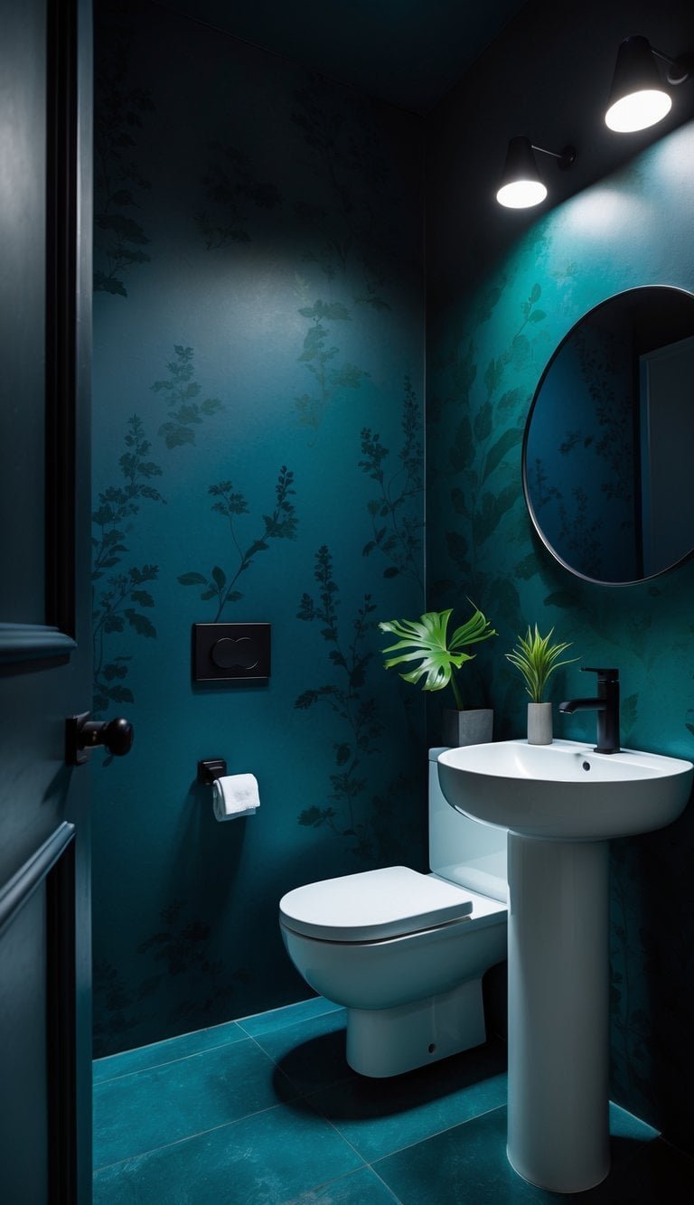 half bathroom wallpaper ideas - A small half bathroom with dark blue and green patterned wallpaper, a white pedestal sink, round mirror, and black fixtures.