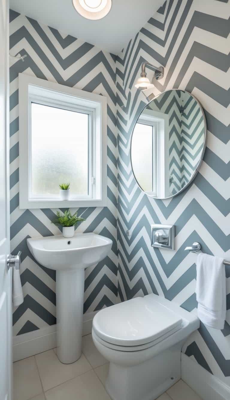 half bathroom wallpaper ideas - A small half bathroom with chevron-patterned wallpaper, a white pedestal sink, a round mirror, and a compact toilet.