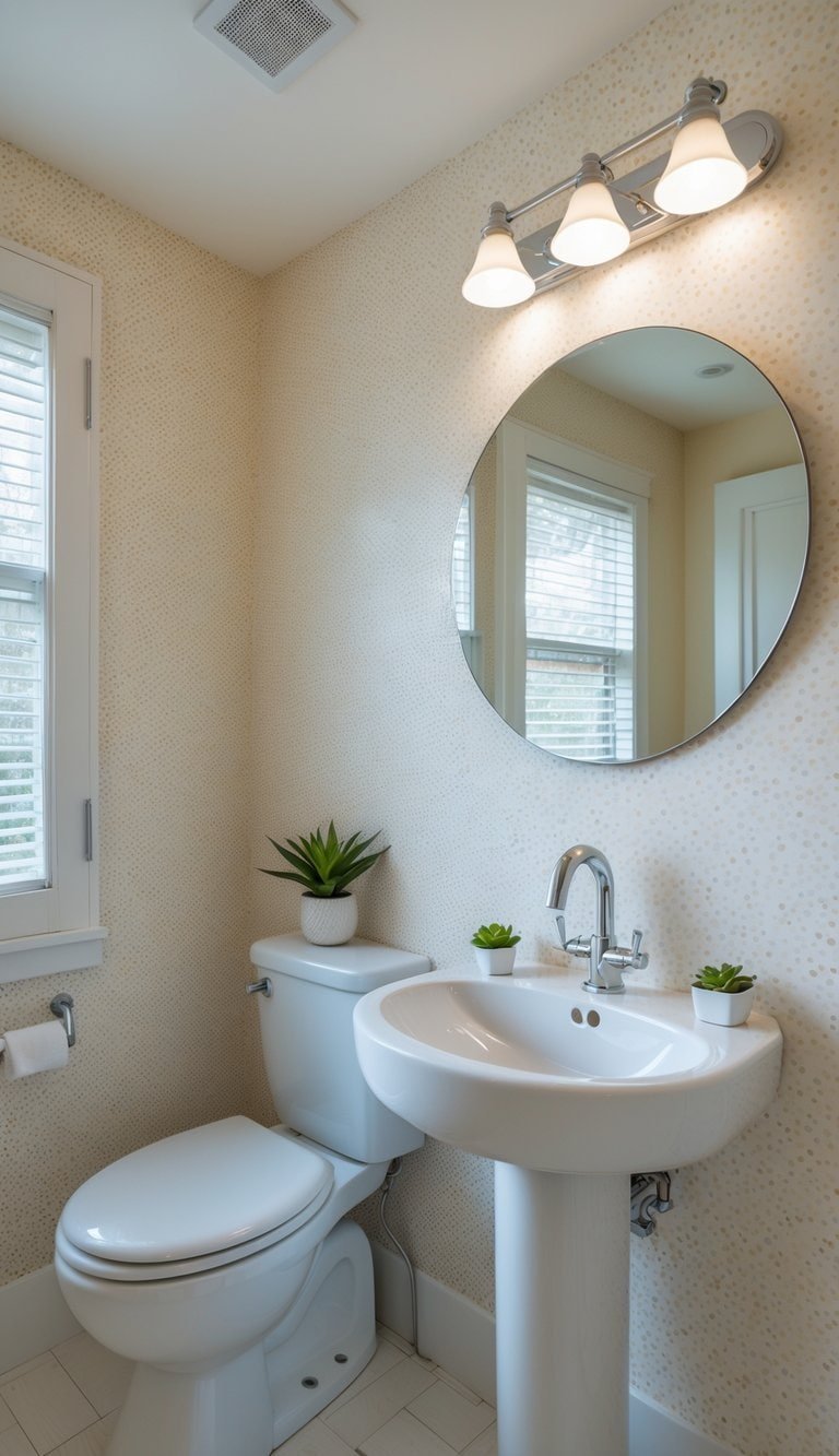 half bathroom wallpaper ideas - Small half bathroom with tiny polka dot wallpaper, a white pedestal sink, round mirror, and a small plant on the countertop.