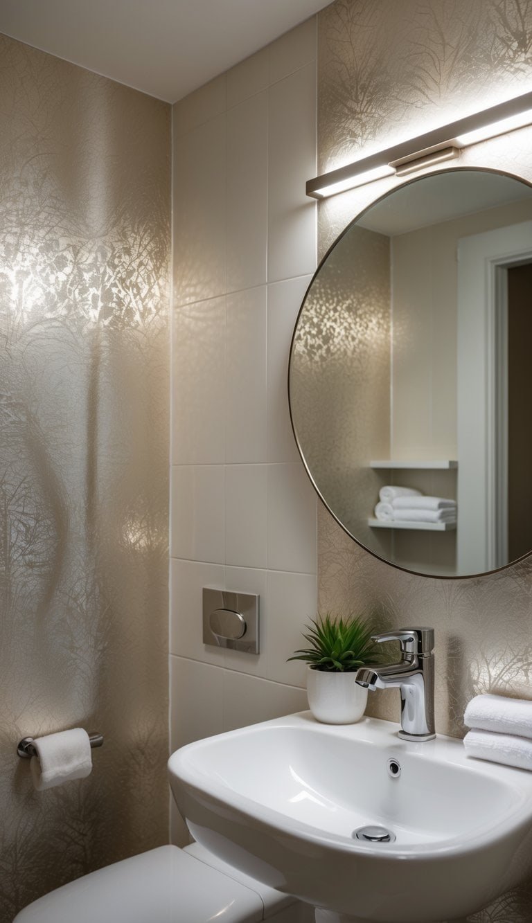 half bathroom wallpaper ideas - A small half bathroom with metallic patterned wallpaper, a white pedestal sink, a round mirror, and soft lighting.