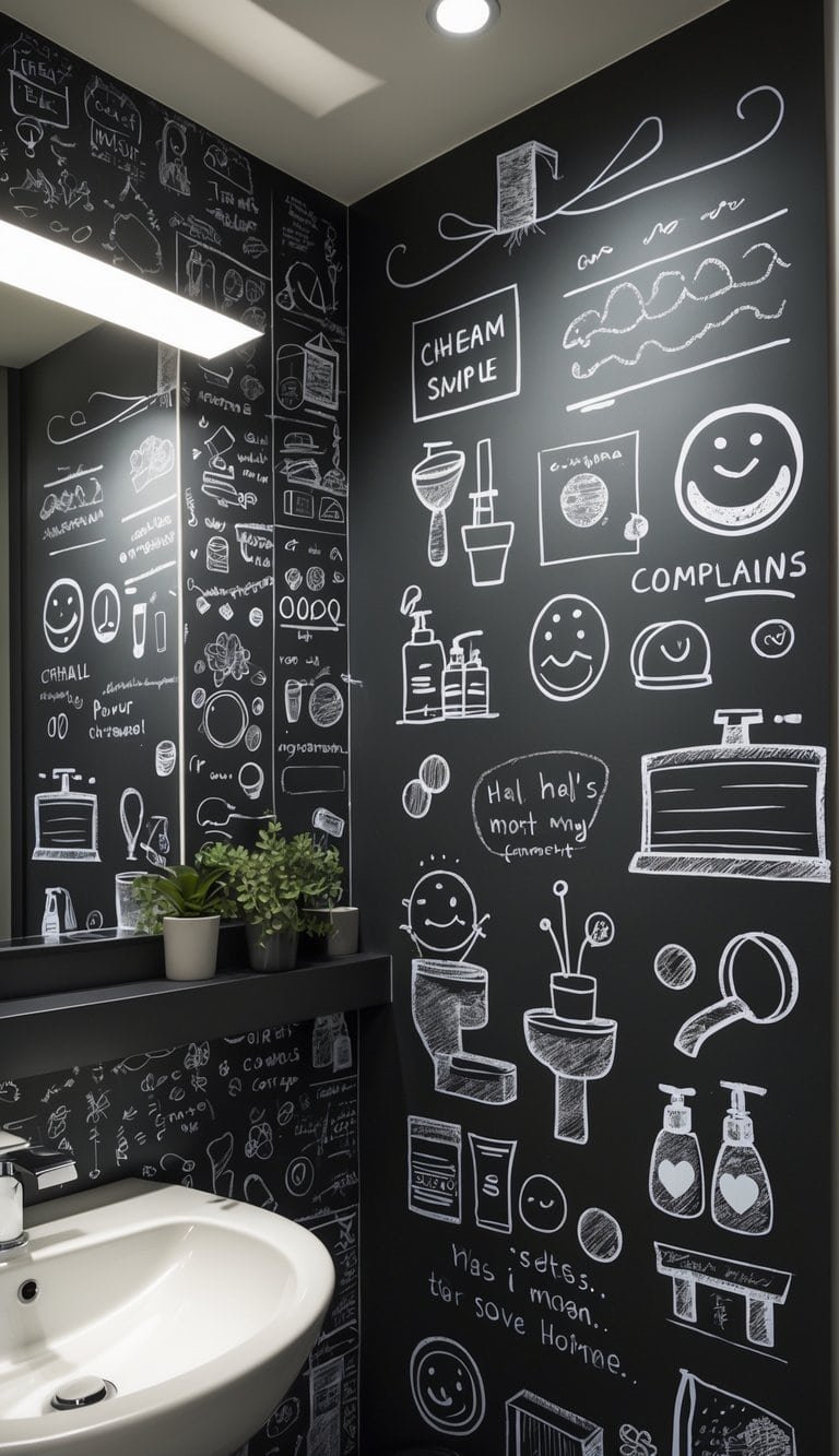 half bathroom wallpaper ideas - A small bathroom with a chalkboard wallpaper border decorated with white doodles above a white sink and mirror.