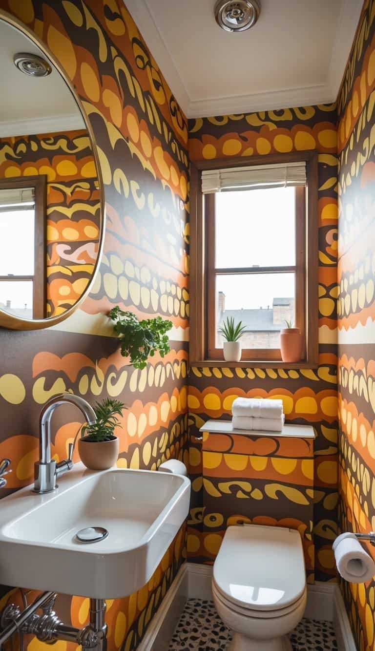 half bathroom wallpaper ideas - A small half bathroom with a white sink, round mirror, potted plant, and colorful patterned wallpaper on the walls.