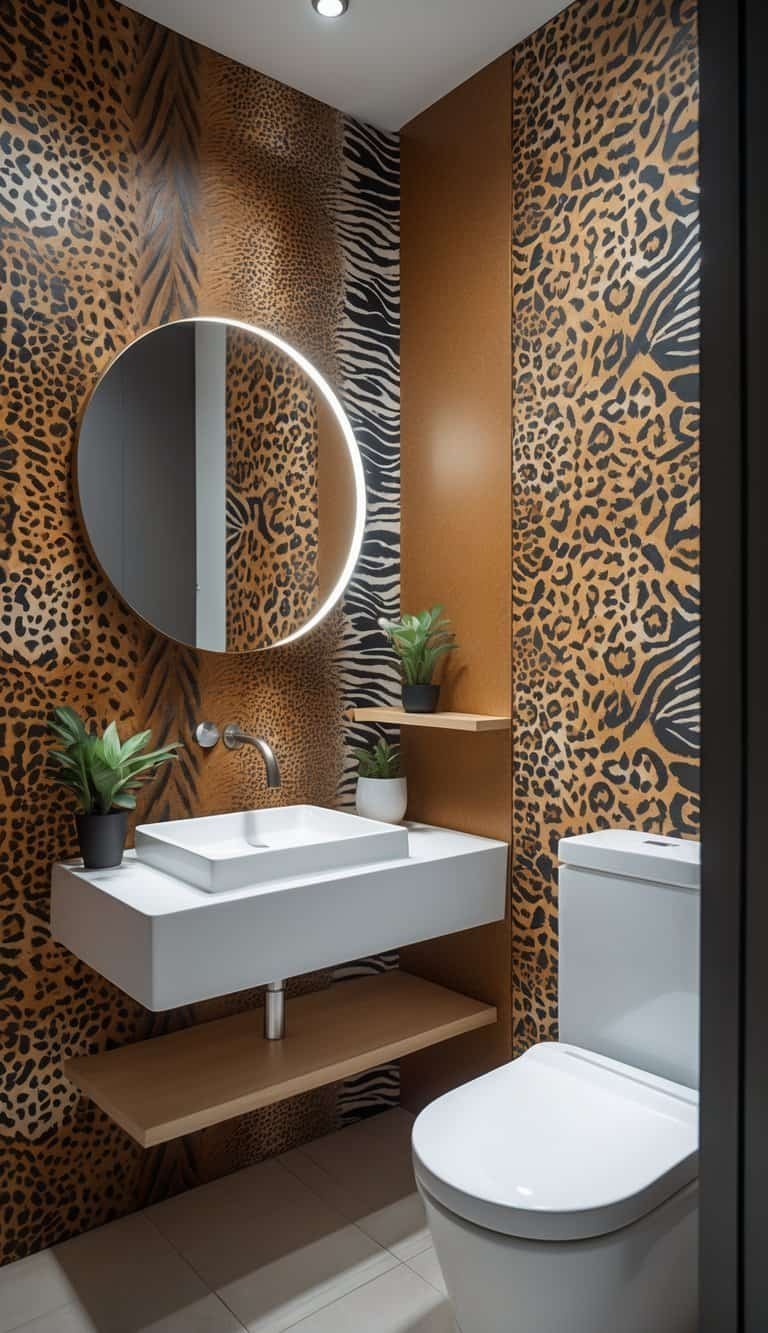 half bathroom wallpaper ideas - A small bathroom with animal print wallpaper, a white sink with a round mirror, a toilet, and a small plant on a wooden shelf.