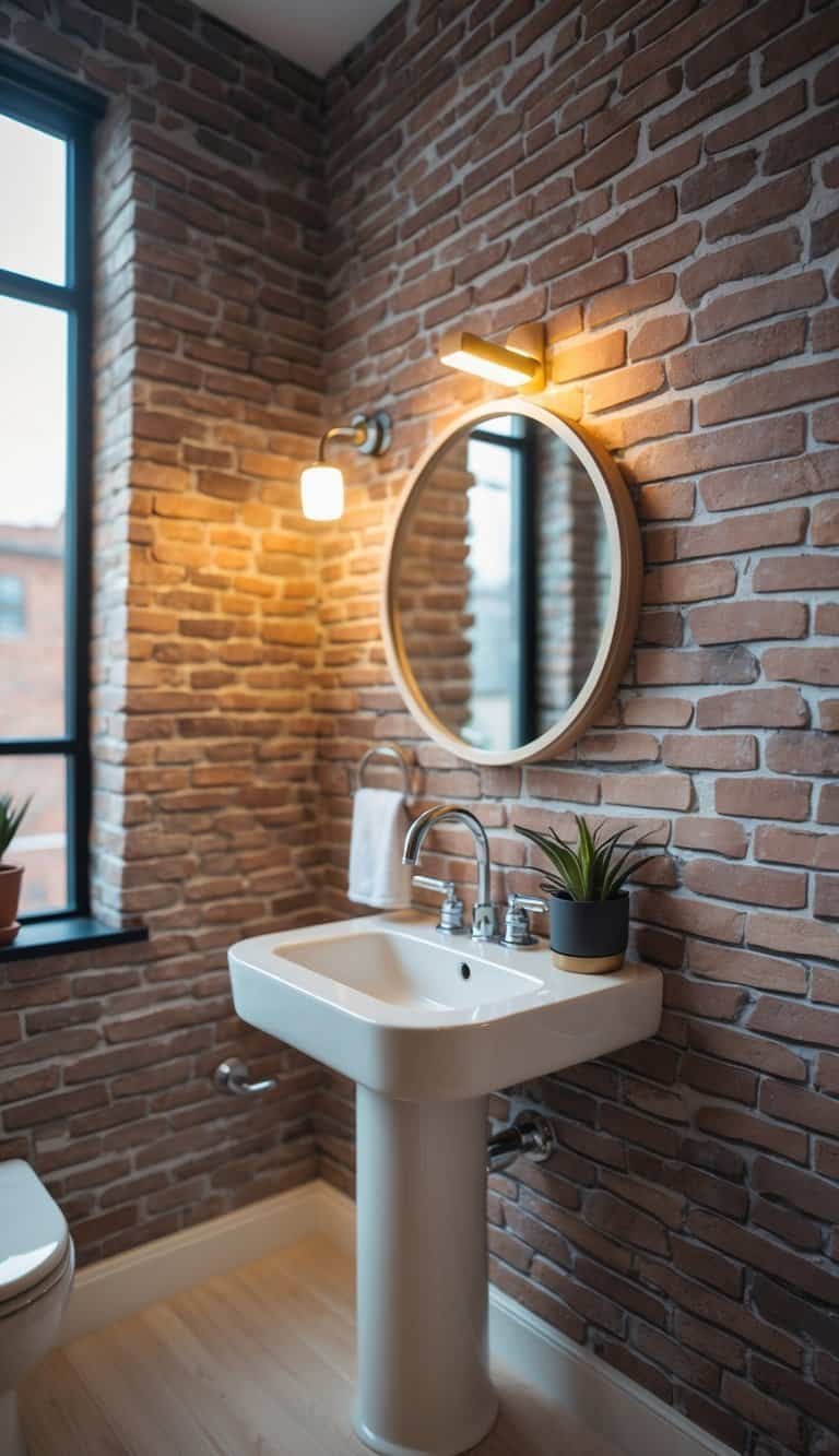 half bathroom wallpaper ideas - A small powder room with half walls covered in faux brick wallpaper, a white pedestal sink, a round mirror, and a small plant on a shelf.