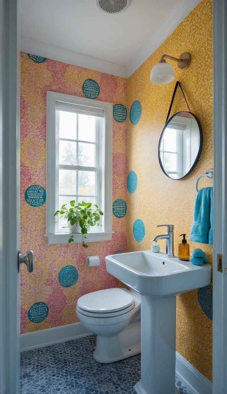 half bathroom wallpaper ideas - A small half bathroom with colorful patterned wallpaper, a white pedestal sink, a round mirror, and decorative plants and towels.