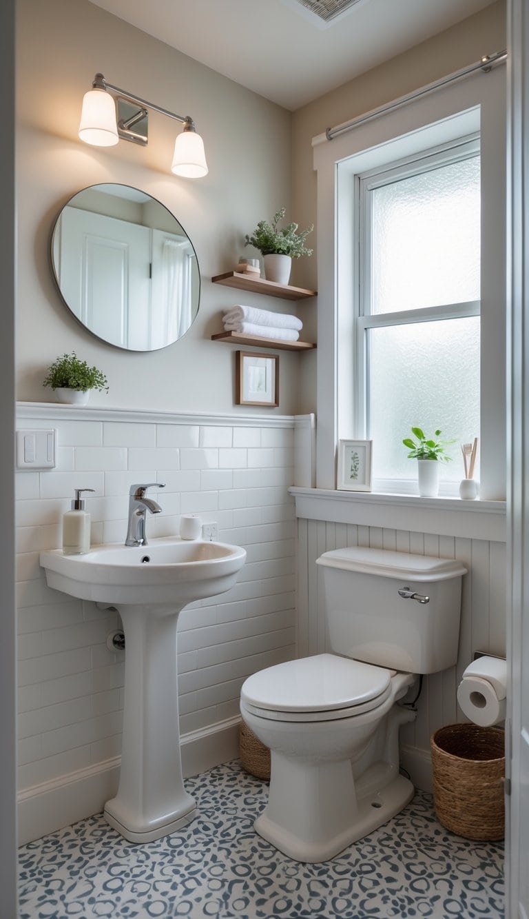 guest half bathroom ideas - A small guest half bathroom with a pedestal sink, wall mirror, floating shelf with decor, toilet, patterned tile floor, and natural light from a frosted window.