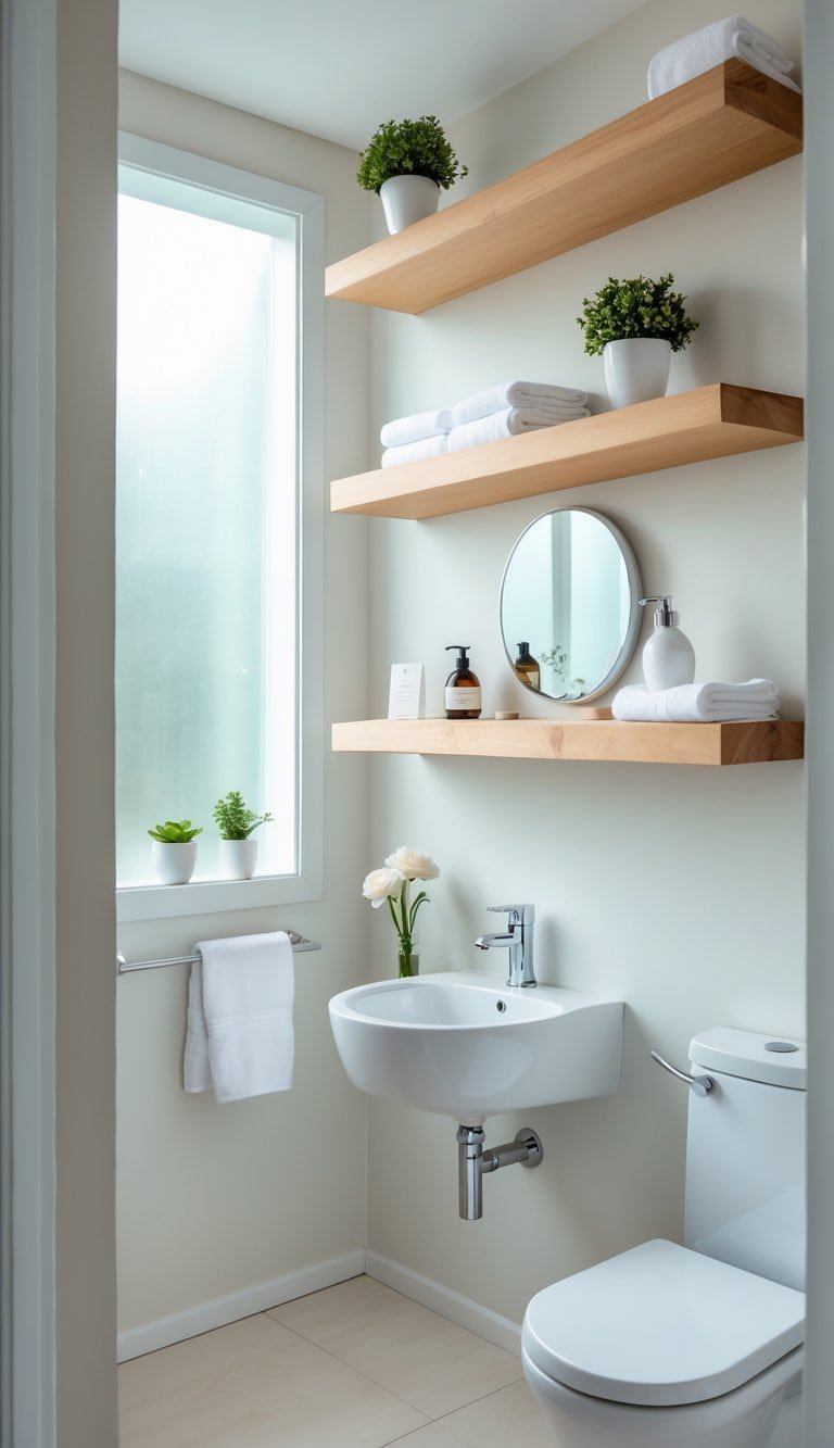 guest half bathroom ideas - Small guest half bathroom with floating shelves holding plants and towels, a pedestal sink, and a wall-mounted toilet.