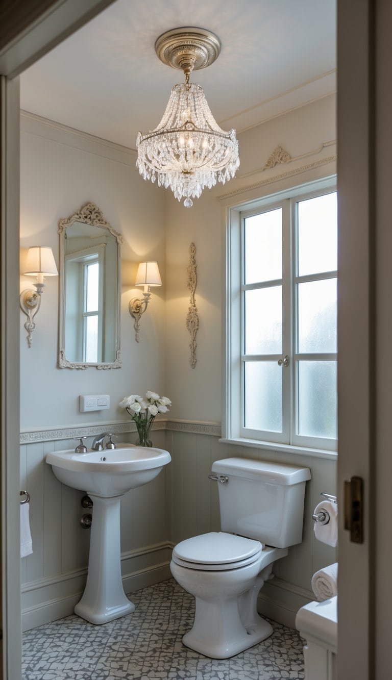 guest half bathroom ideas - Small guest half bathroom with a tiny chandelier, pedestal sink, toilet, and patterned tile floor.