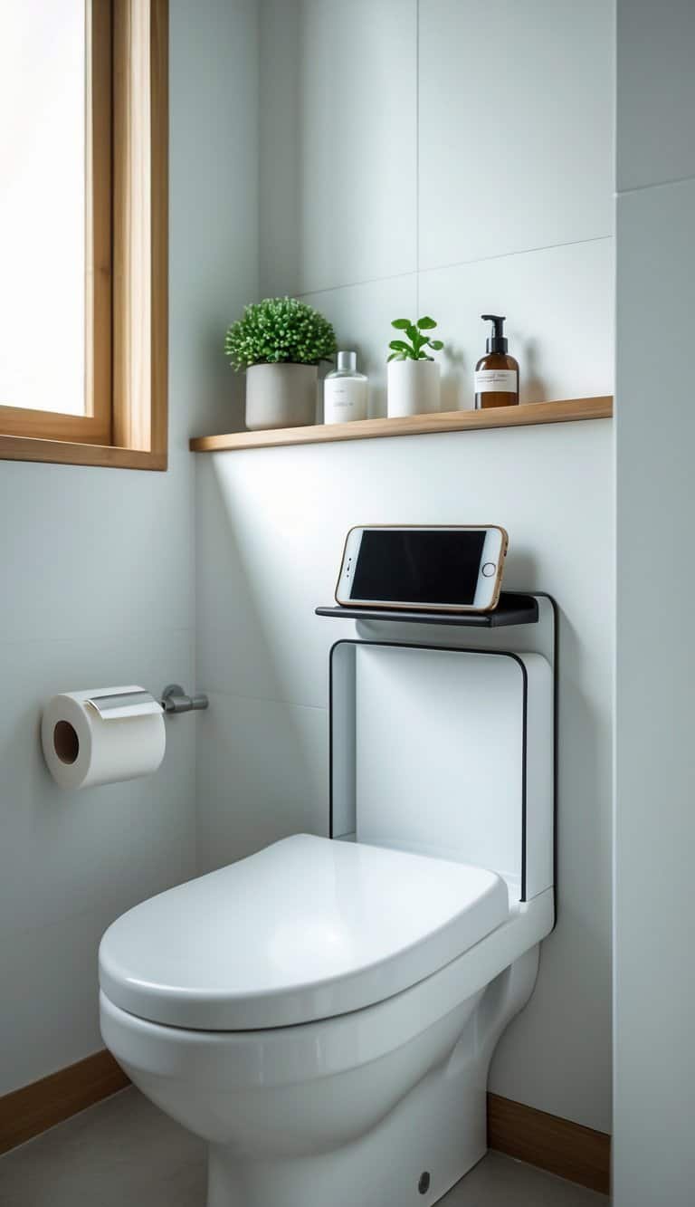 guest half bathroom ideas - A small guest half bathroom with a toilet paper holder that has a phone shelf holding a smartphone.