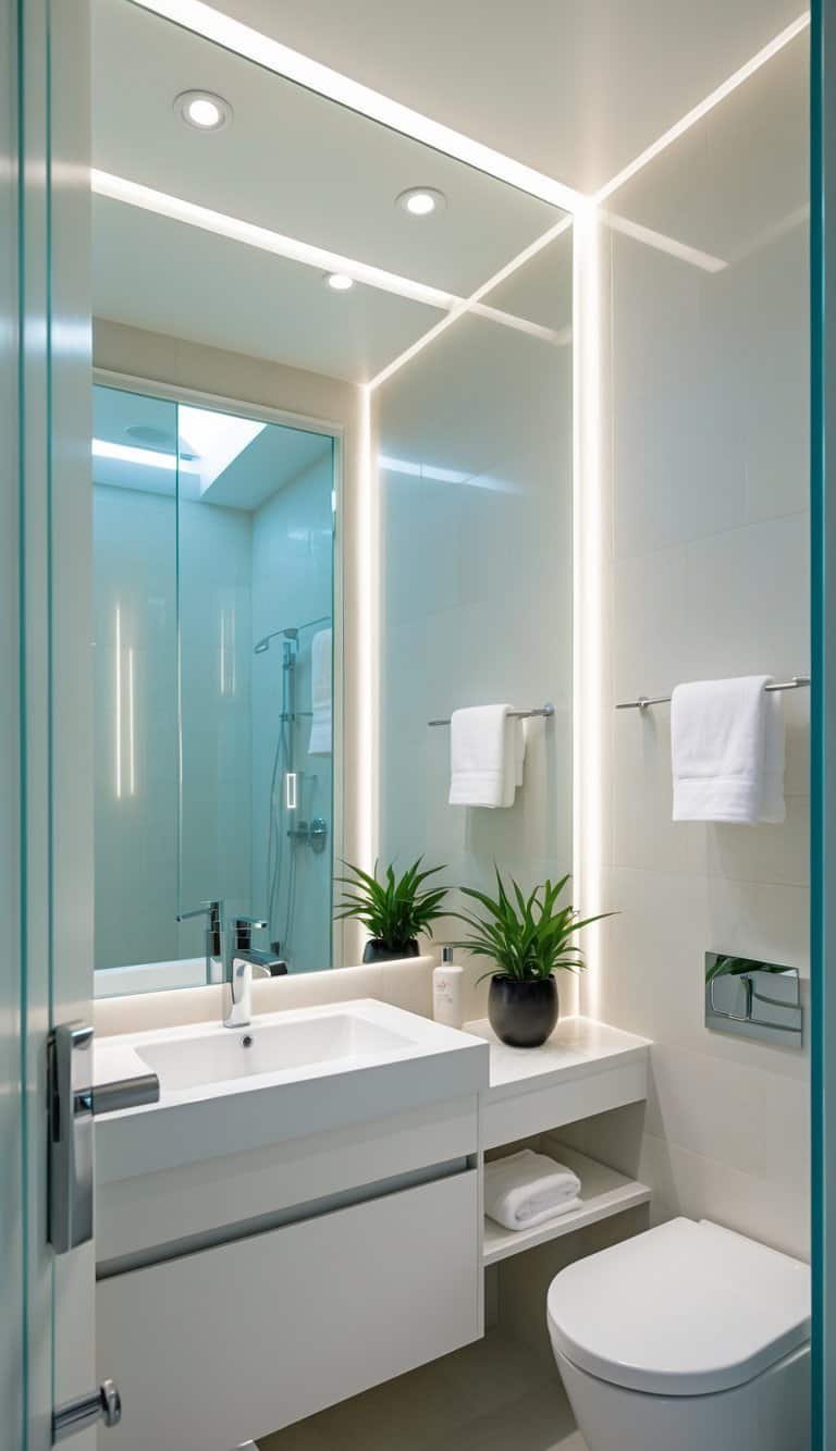 guest half bathroom ideas - A small guest half bathroom with a large mirror above the vanity, reflecting the opposite wall to make the space look bigger.