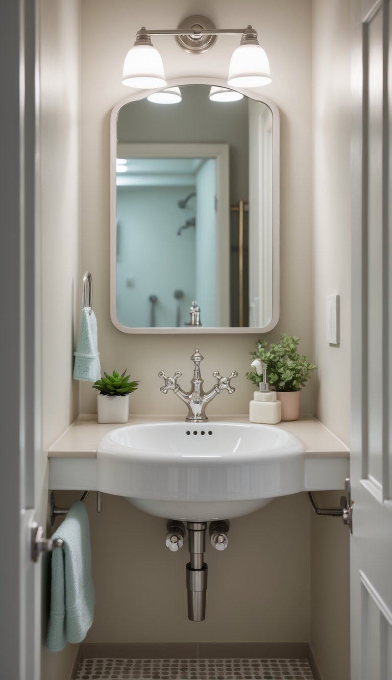 guest half bathroom ideas - A small guest half bathroom with a compact mini sink, mirror, and simple decor in a bright, clean space.