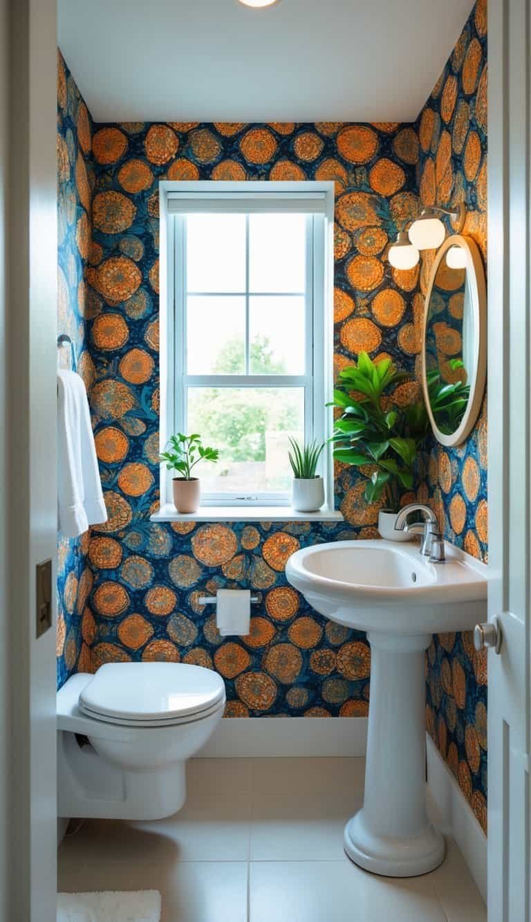 guest half bathroom ideas - Small guest half bathroom with bold patterned wallpaper, white pedestal sink, round mirror, and small decorative plant.