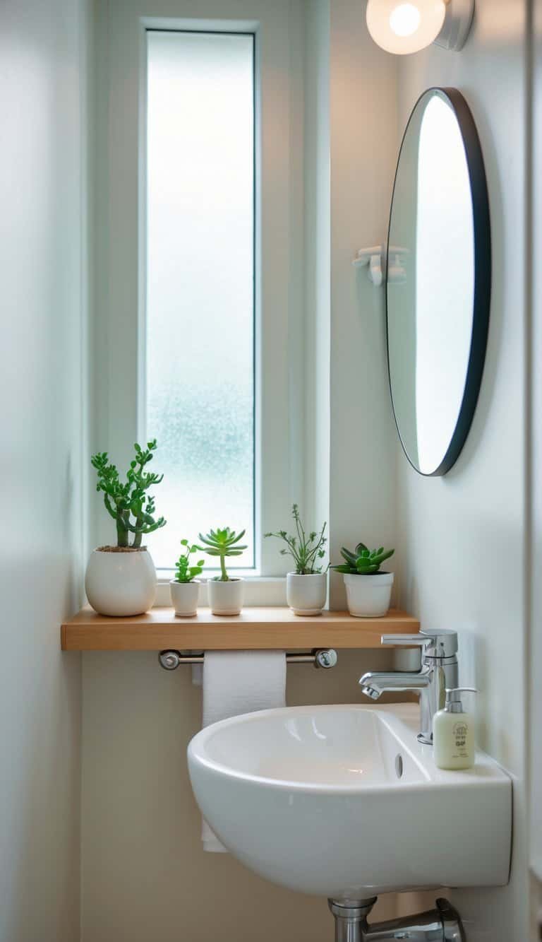 guest half bathroom ideas - Small guest half bathroom with a white sink, round mirror, and several tiny potted succulents on a wooden shelf and countertop.