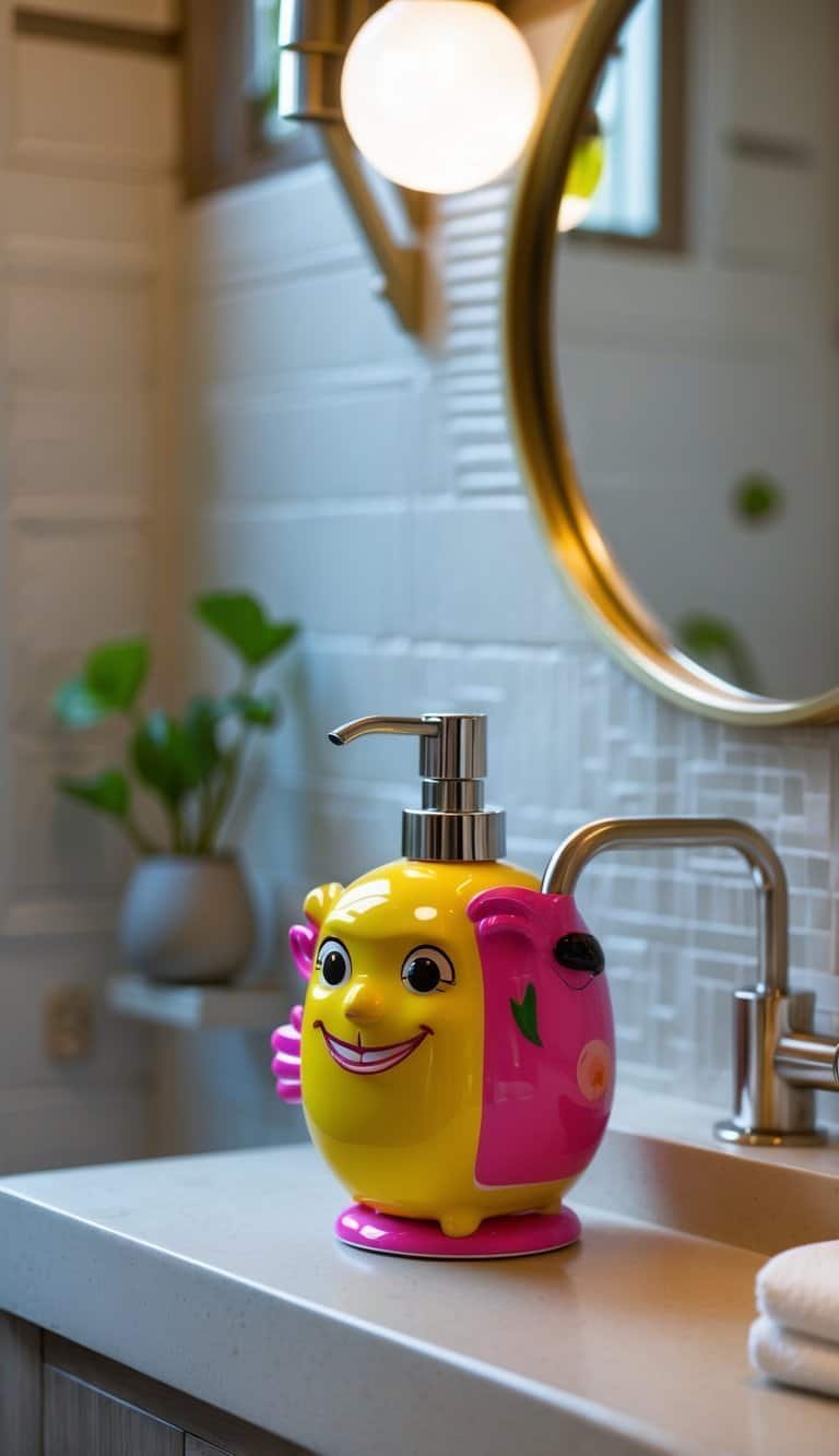 guest half bathroom ideas - A small guest half bathroom countertop with a colorful, playful soap dispenser and modern bathroom fixtures.