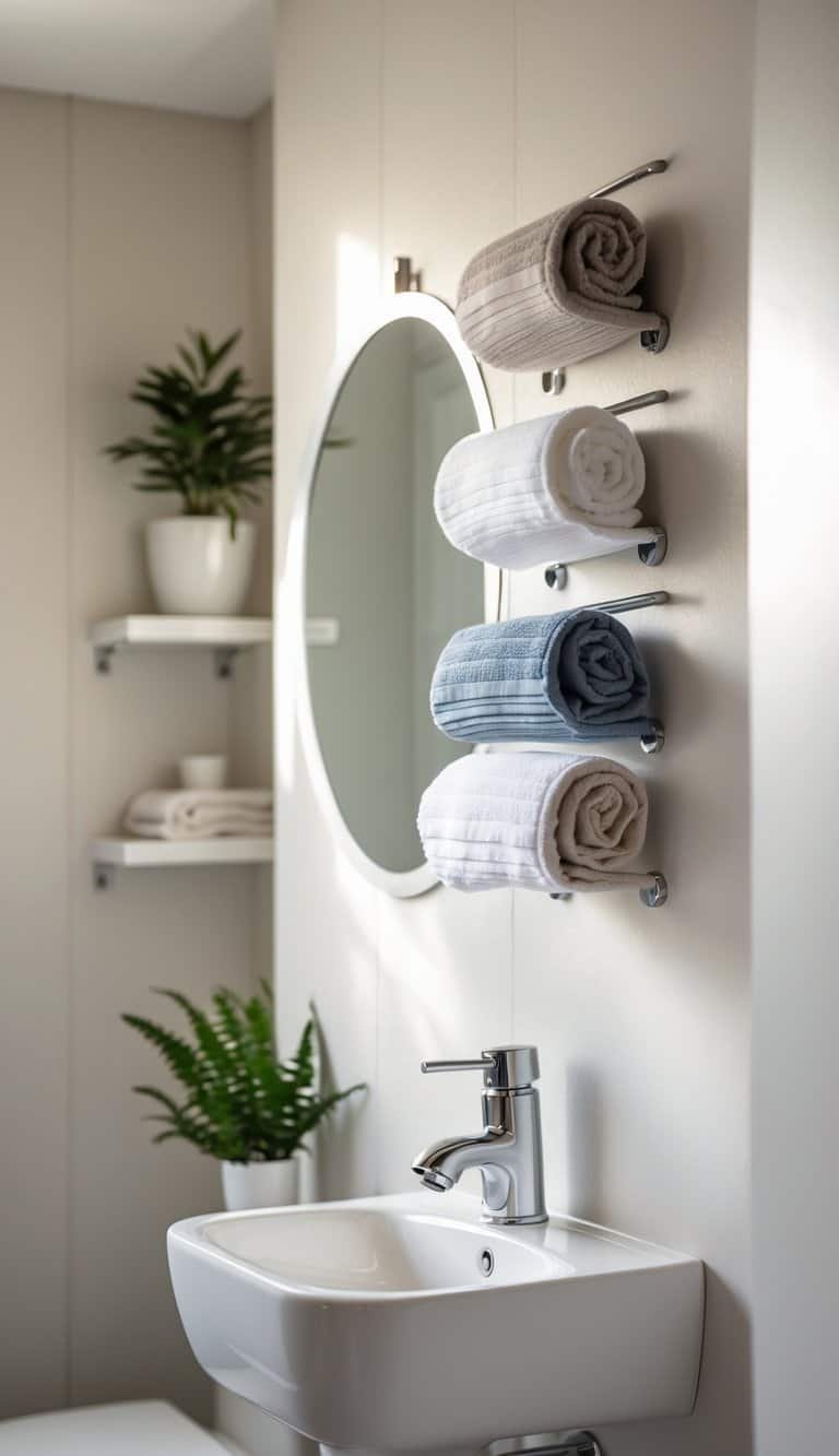 guest half bathroom ideas - guest half bathroom ideas - Small guest half bathroom with stacked towel hooks holding neatly folded towels, a pedestal sink, round mirror, and a small potted plant.