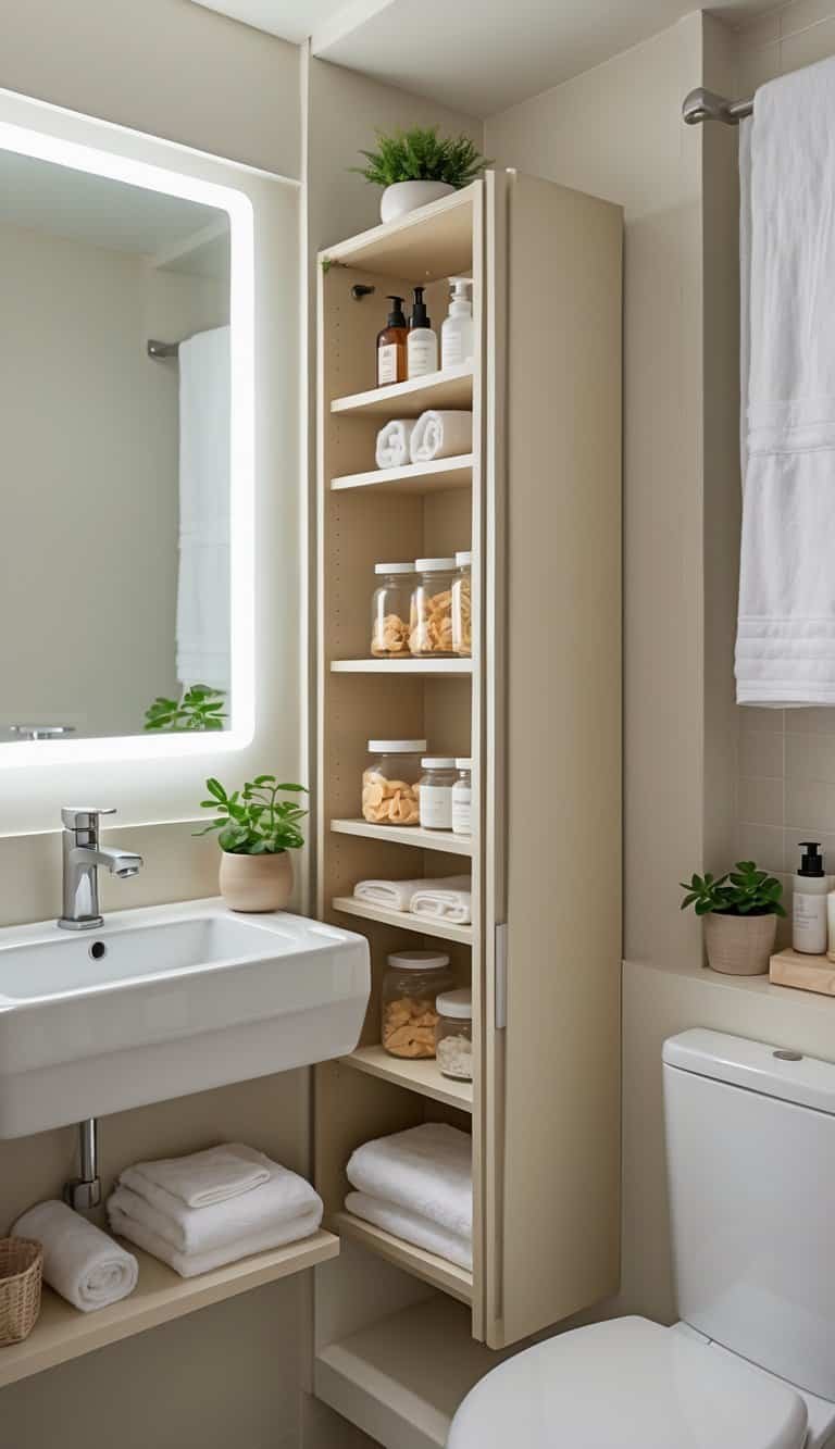 A slim cabinet with shelves holding snacks and toiletries in a small guest half bathroom with a sink, mirror, and decorative items.