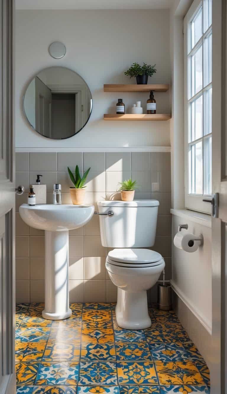 guest half bathroom ideas - Small guest half bathroom with colorful patterned floor tiles, a white pedestal sink, a wall-mounted mirror, and a wooden shelf with toiletries and a plant.
