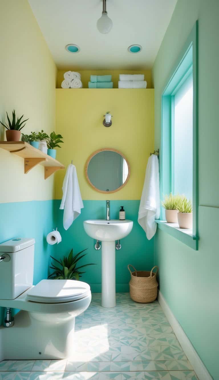 guest half bathroom ideas - A small guest half bathroom with bright pastel-colored walls, a white pedestal sink, a round wooden-framed mirror, light geometric floor tiles, open shelves with towels and plants, and natural light coming through a frosted window.