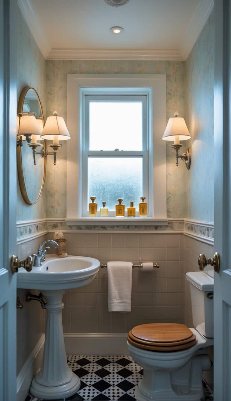 vintage half bathroom ideas - A small bathroom with a pedestal sink, round mirror, patterned floor tiles, and a toilet with a wooden seat.