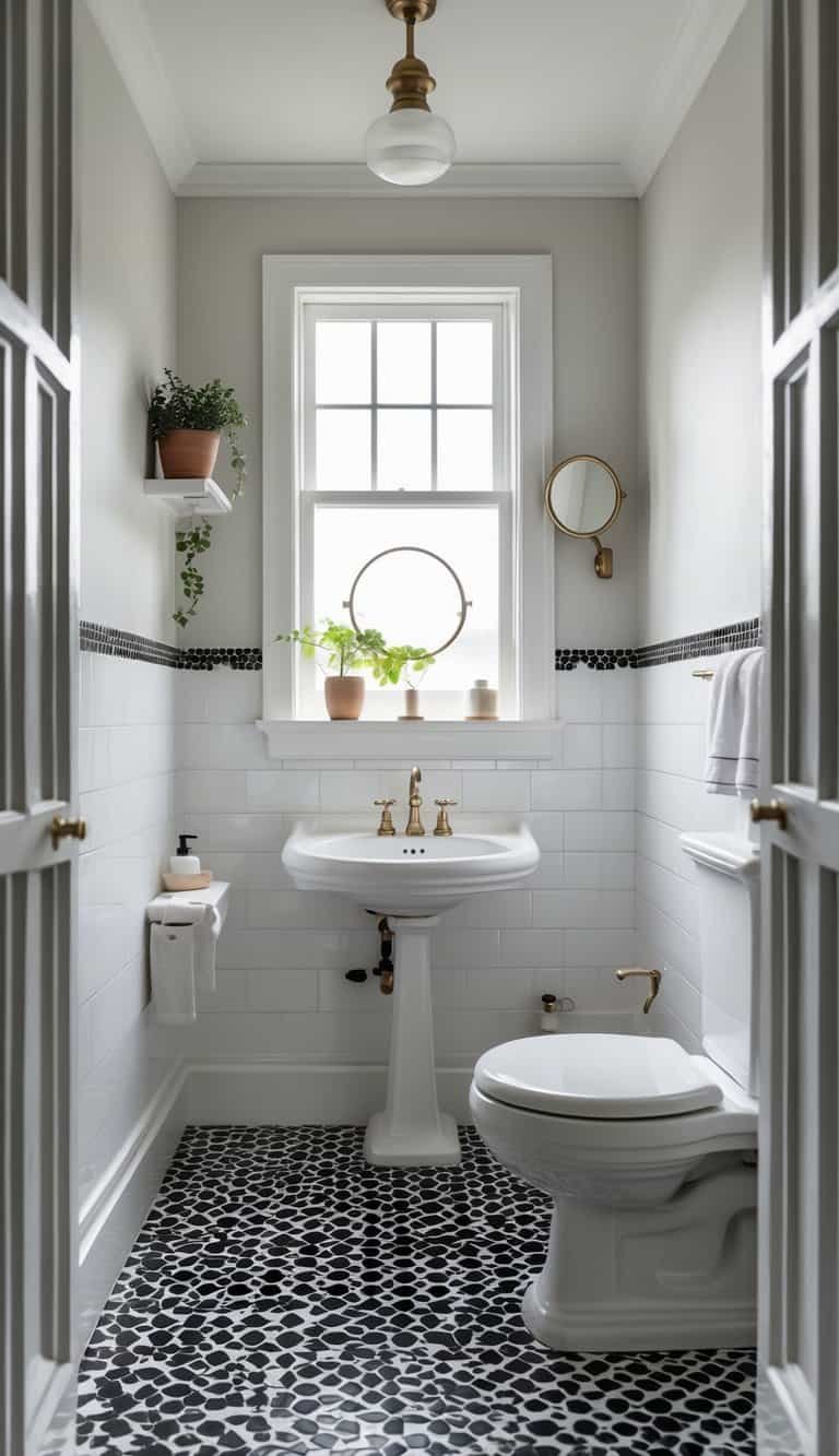 vintage half bathroom ideas - A half bathroom with black and white hexagonal floor tiles, a pedestal sink, a round mirror, and a small toilet.