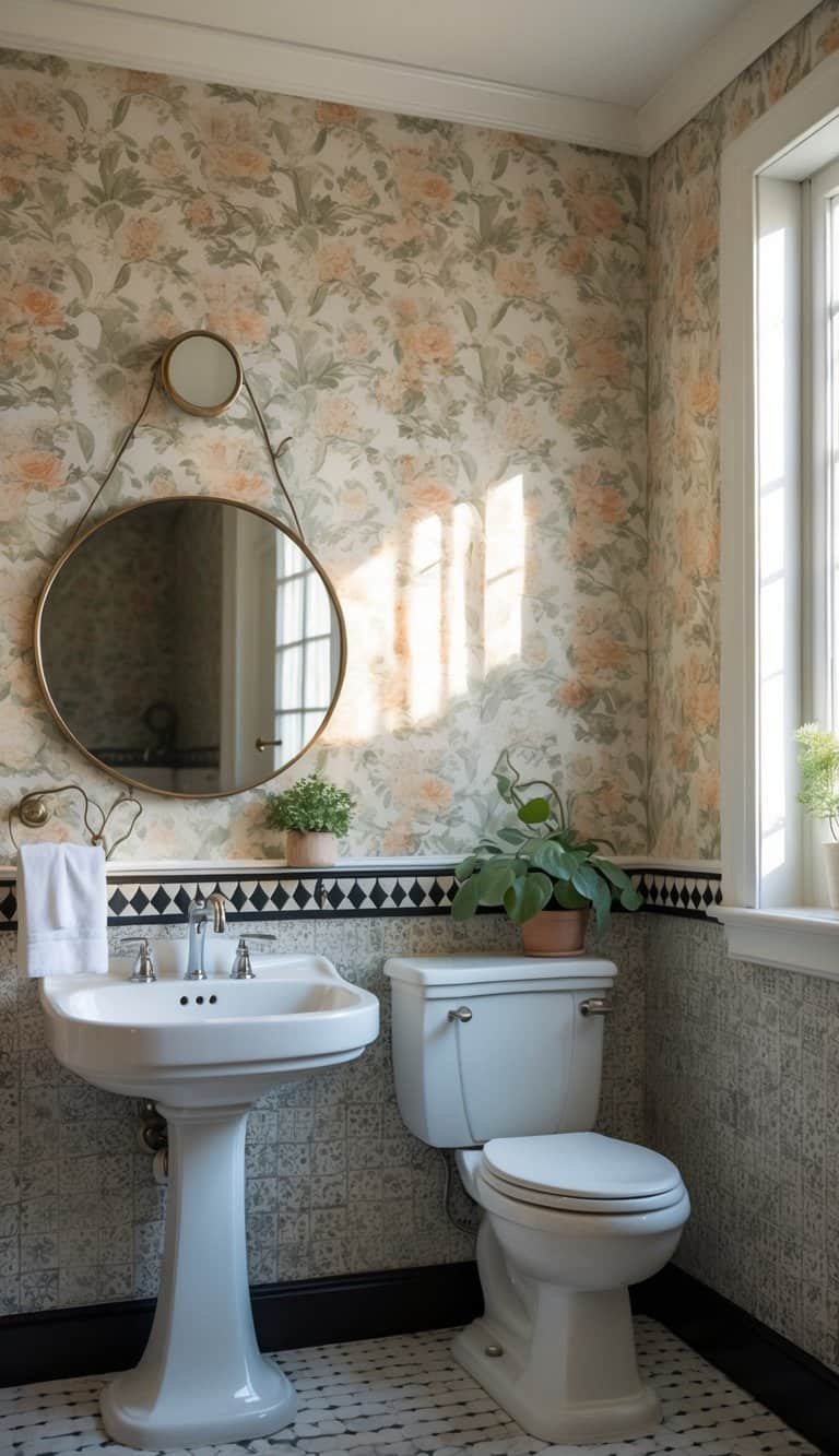 vintage half bathroom ideas - A half bathroom with a floral wallpaper accent wall, a white pedestal sink, a round mirror, a wooden shelf with towels and a plant, and black and white checkered floor tiles.