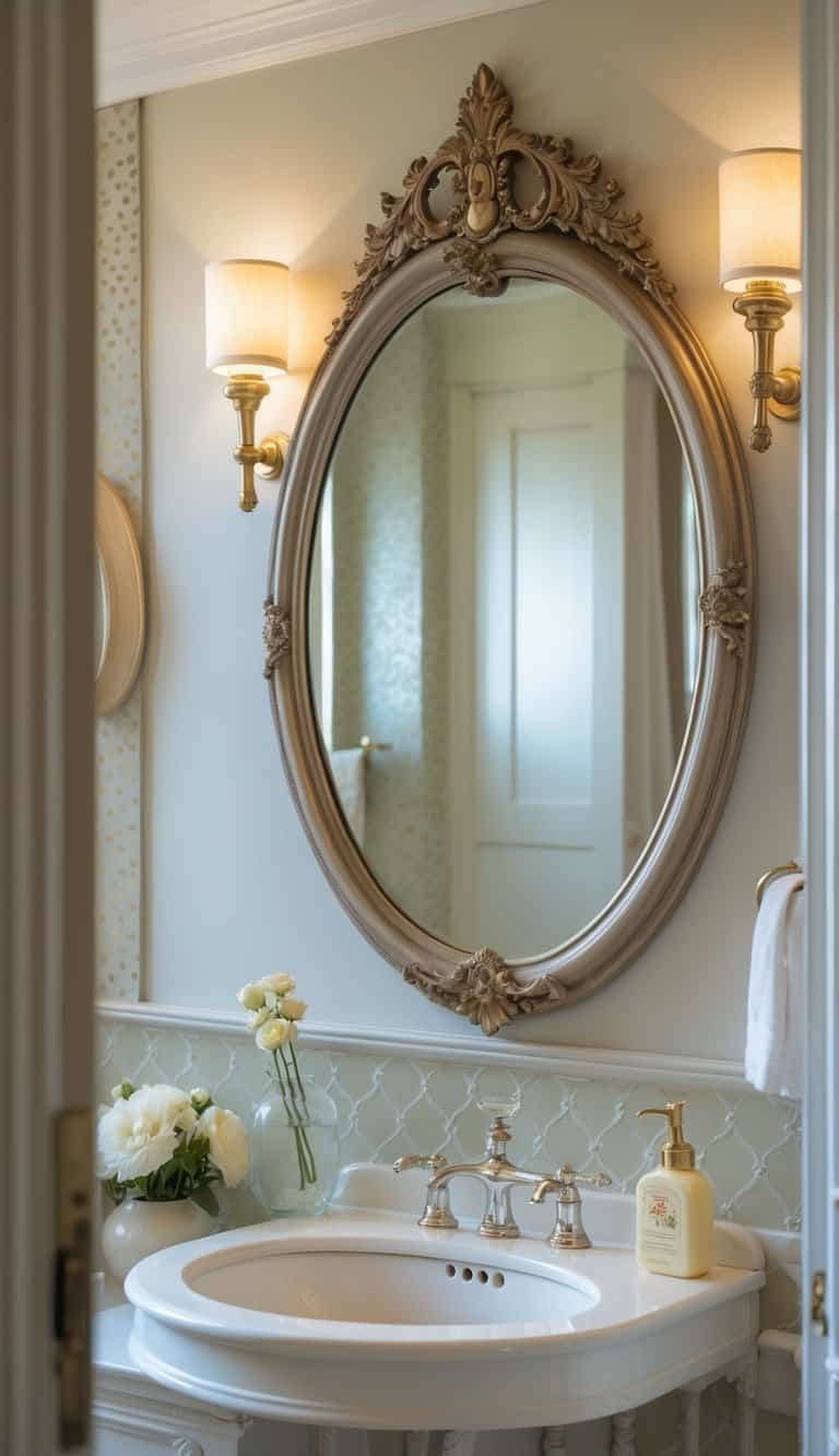 vintage half bathroom ideas - A half bathroom with an oval wall mirror above a sink and decorative elements on the vanity.