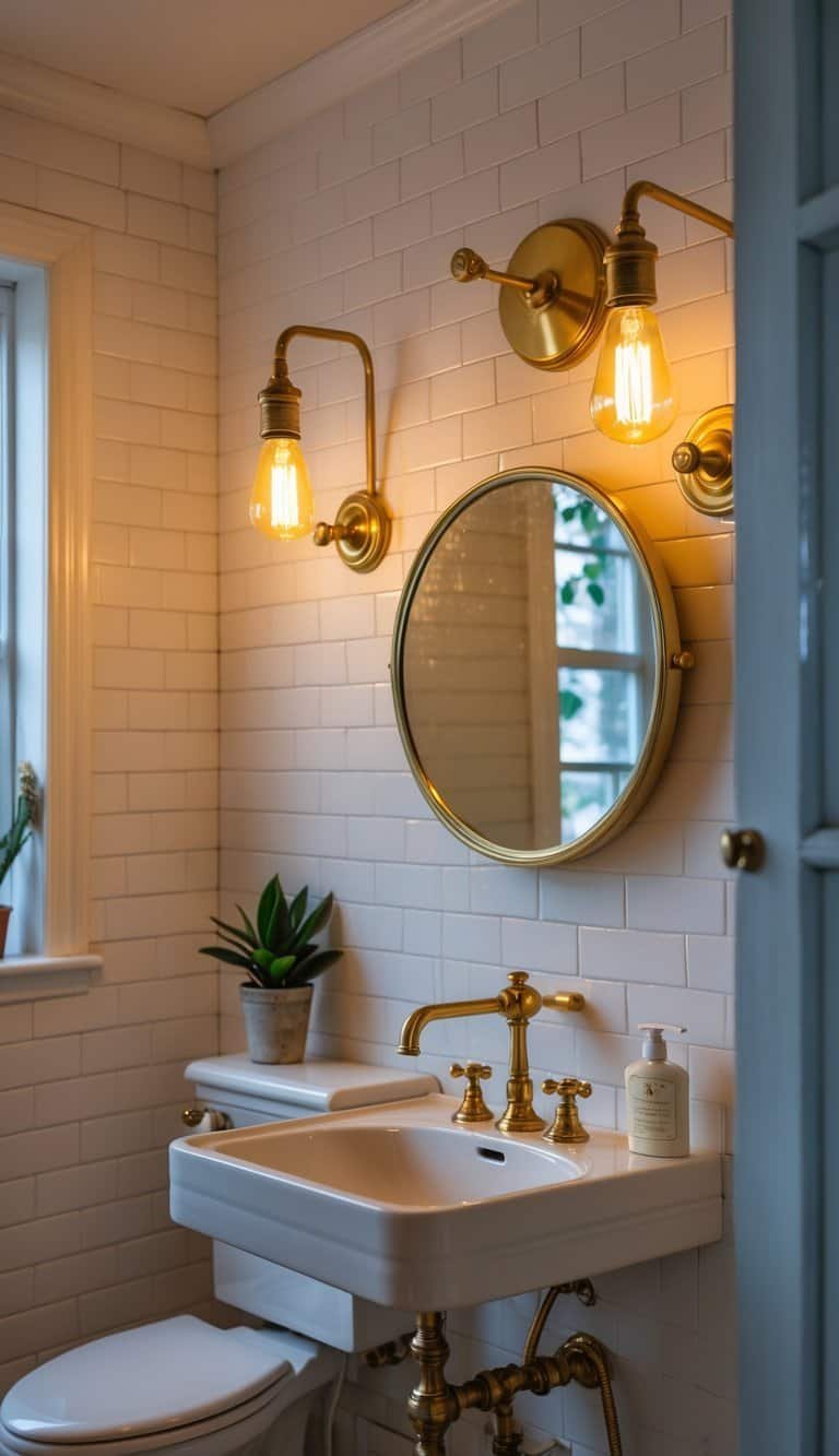 vintage half bathroom ideas - A half bathroom with brass wall sconces and Edison bulbs, a pedestal sink, a round mirror, and white tiled walls.