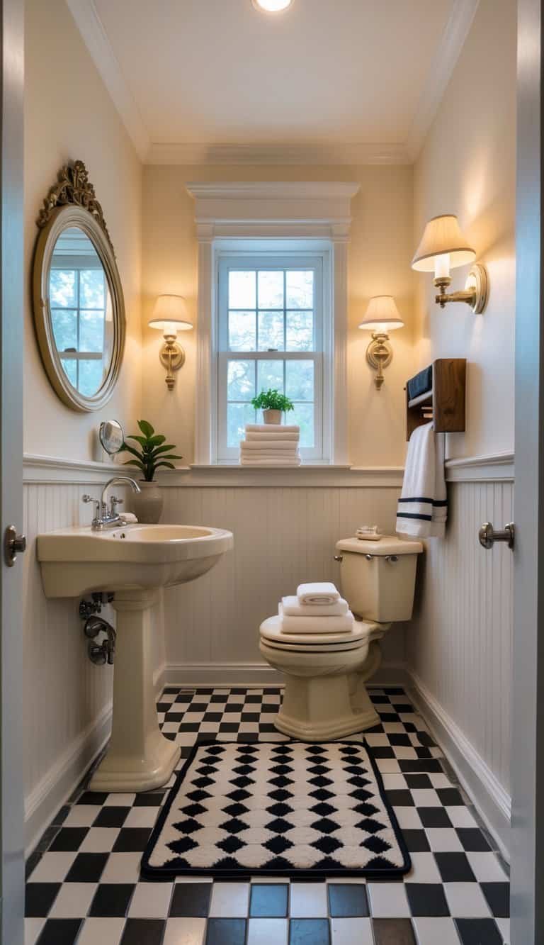 vintage half bathroom ideas - A half bathroom with a checkerboard patterned bath mat on the floor, a pedestal sink, a round mirror, and a small potted plant on a shelf.