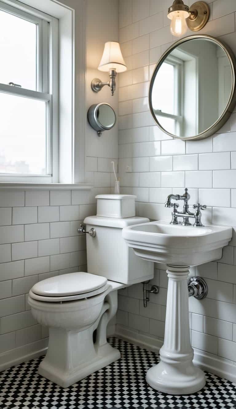 vintage half bathroom ideas - A small bathroom with a retro porcelain toilet with a high tank, a pedestal sink, and tiled walls and floor.