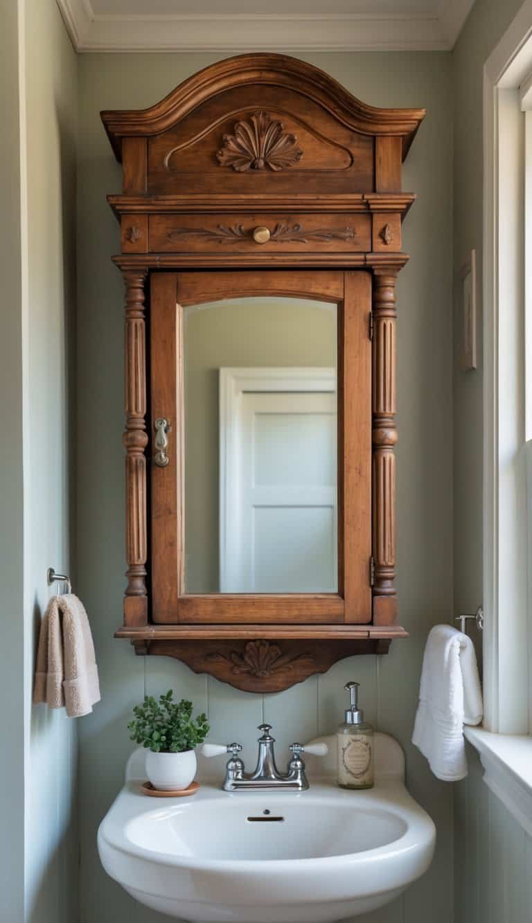 vintage half bathroom ideas - A small bathroom with an antique wooden medicine cabinet above a white sink, featuring classic fixtures and decorative items.