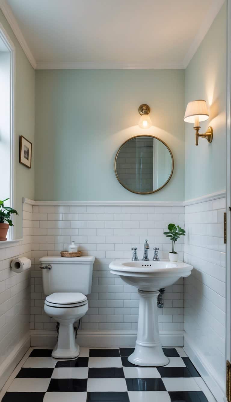 vintage half bathroom ideas - A small bathroom with white subway tile wainscoting, a pedestal sink, a round mirror, checkered floor tiles, and a potted plant on a shelf.