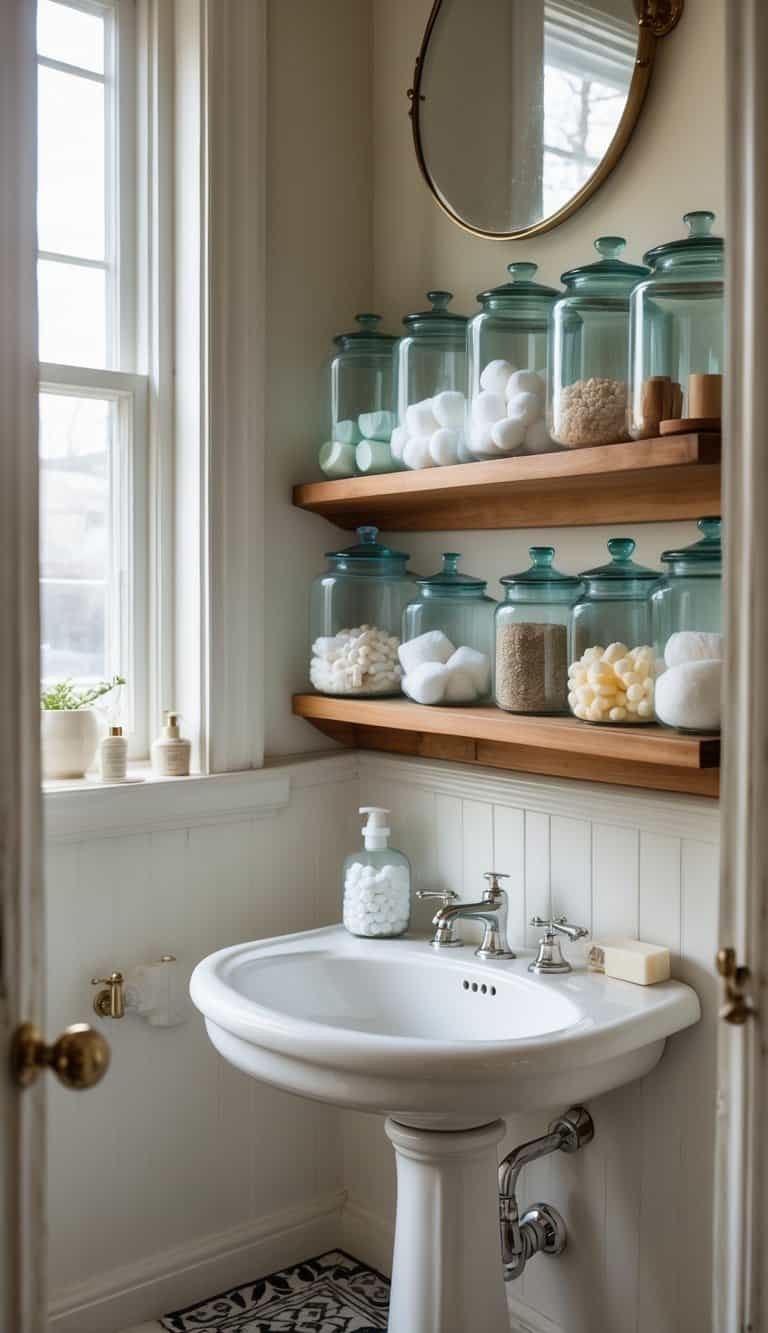 vintage half bathroom ideas - A half bathroom with glass apothecary jars on shelves above a white pedestal sink and a round mirror.