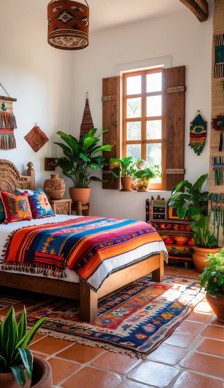 mexican bedroom ideas - A bright bedroom with a large bed, colorful pillows, wooden furniture, terracotta floor tiles, plants, and natural light coming through a window.