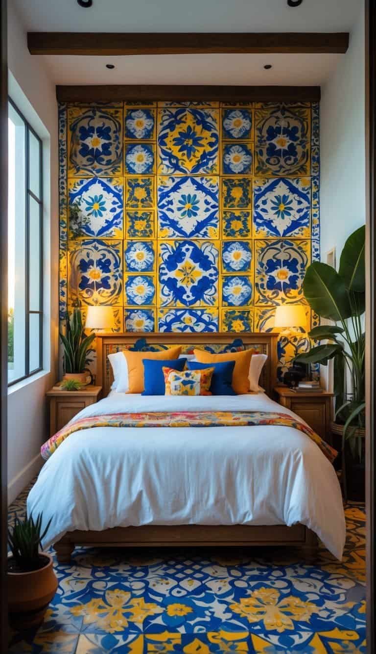 mexican bedroom ideas -A bedroom with a colorful patterned tile wall behind the bed, natural light, and cozy furnishings.