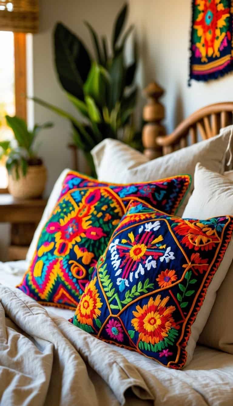 mexican bedroom ideas -A bedroom with a bed decorated with colorful embroidered pillows and warm wooden furniture.