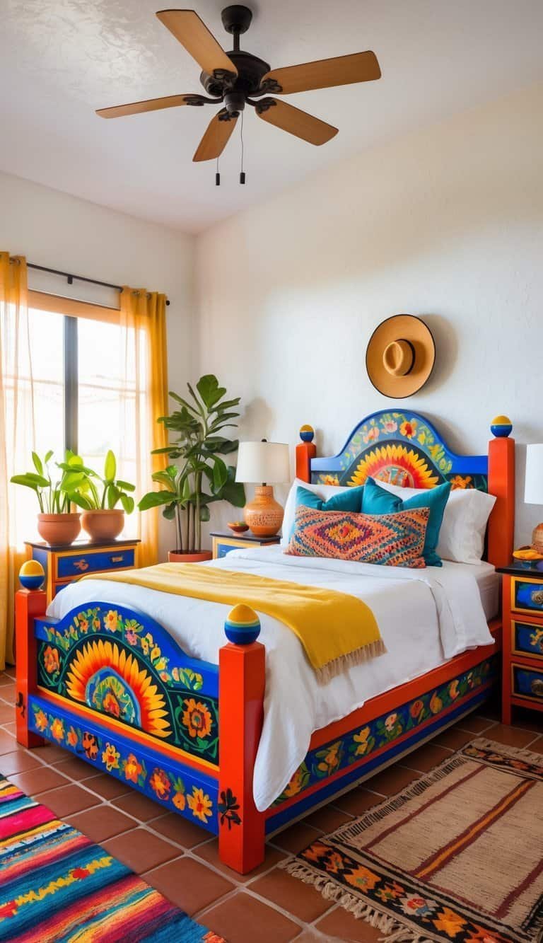 mexican bedroom ideas -A bright bedroom with colorful painted wooden furniture, white bedding, potted plants, and natural light coming through a window.