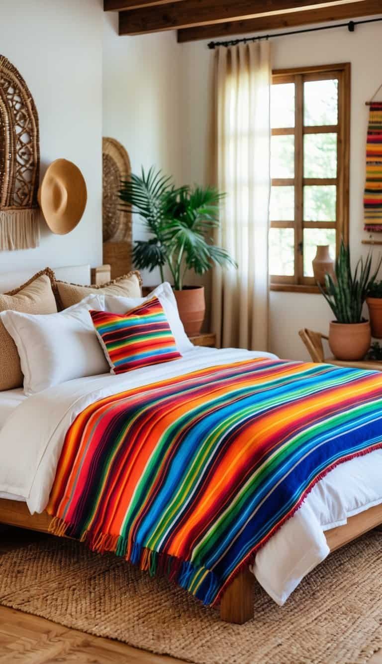 mexican bedroom ideas -A bedroom with a bed covered by a colorful striped blanket, white linens, pillows, wooden furniture, plants, and natural light.