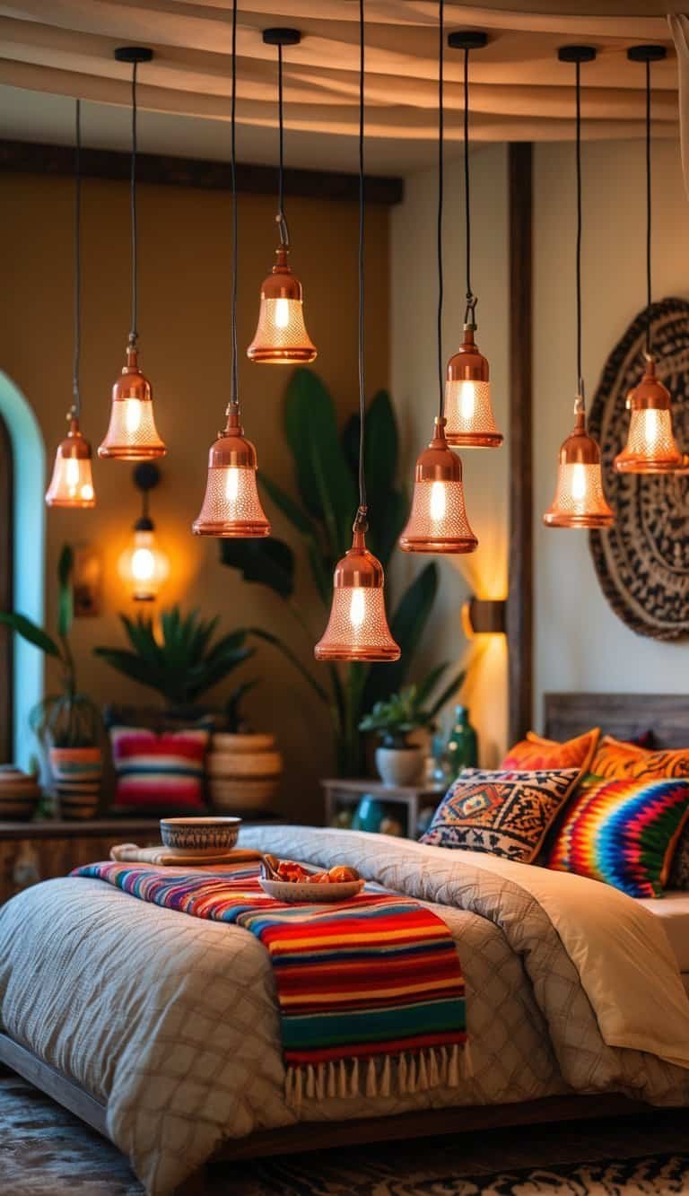 mexican bedroom ideas -A bedroom with copper hanging pendant lights, a bed with colorful cushions, wooden furniture, and decorative plants.