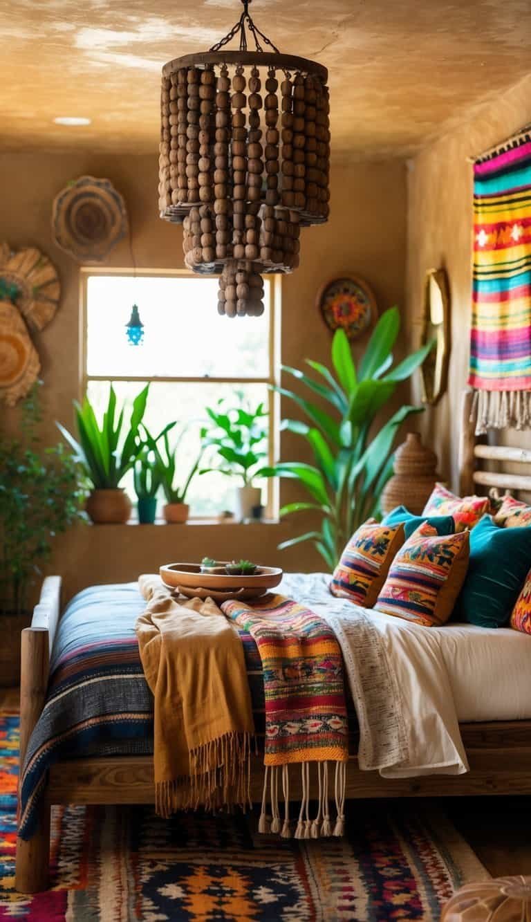 mexican bedroom ideas -A bedroom with a wooden bed, a wood beaded chandelier, colorful pillows, and decorative plants.