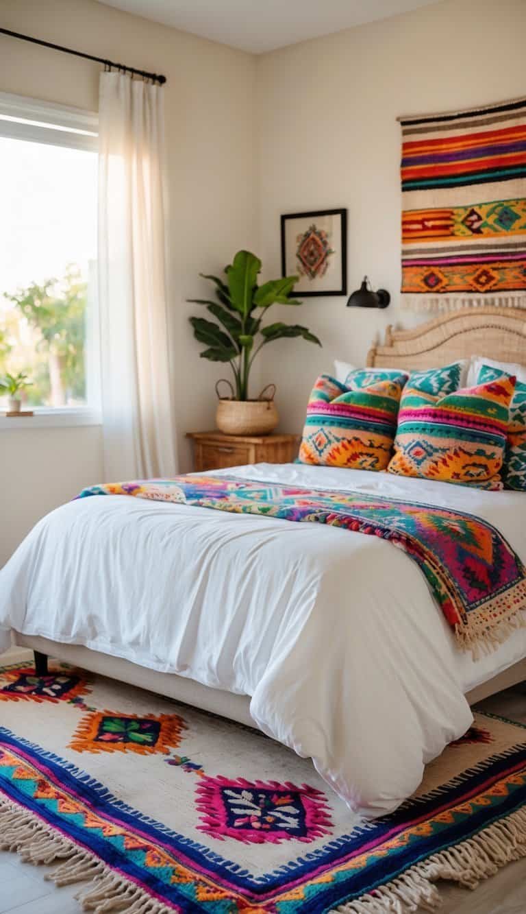 mexican bedroom ideas -A cozy bedroom with a large colorful area rug, a neatly made bed with patterned pillows, a wooden nightstand, and natural light coming through a window.