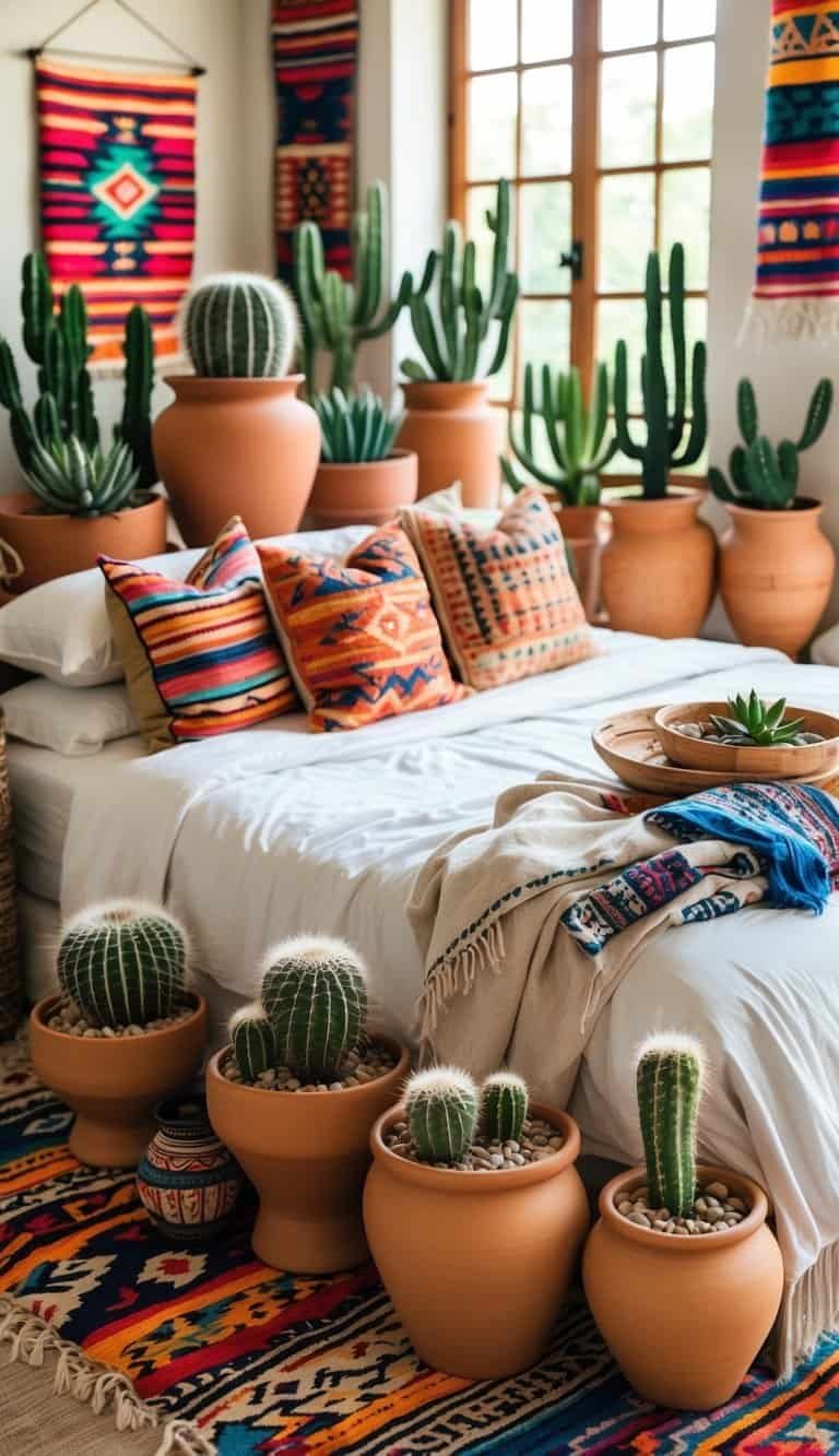 mexican bedroom ideas -A bedroom with multiple clay cactus planters, colorful textiles, and natural light creating a warm and inviting atmosphere.