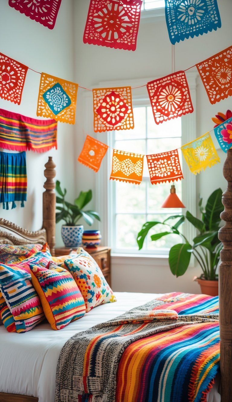 mexican bedroom ideas -A bright bedroom decorated with colorful papel picado banners hanging above a bed with patterned pillows and a woven blanket.