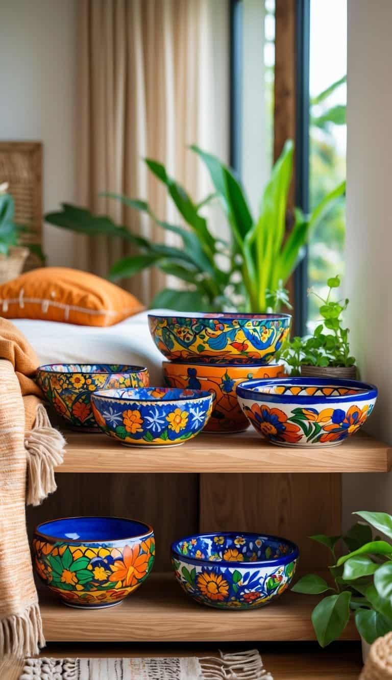 mexican bedroom ideas -A bedroom scene with colorful decorative bowls displayed on a wooden surface, surrounded by a bed, plants, and soft natural light.