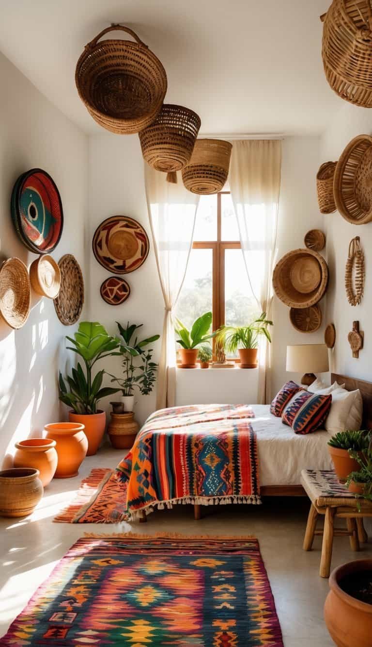 mexican bedroom ideas -A bedroom with a bed, colorful pillows, wooden furniture, potted plants, and traditional woven baskets displayed on walls and shelves.