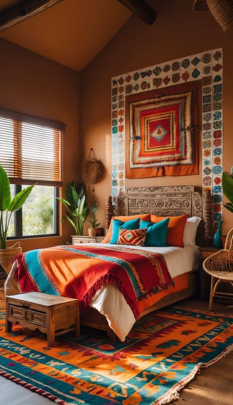 Modern Mexican Bedroom - A bedroom with a large bed covered in colorful blankets and pillows, wooden furniture, potted plants, and a window letting in natural light.