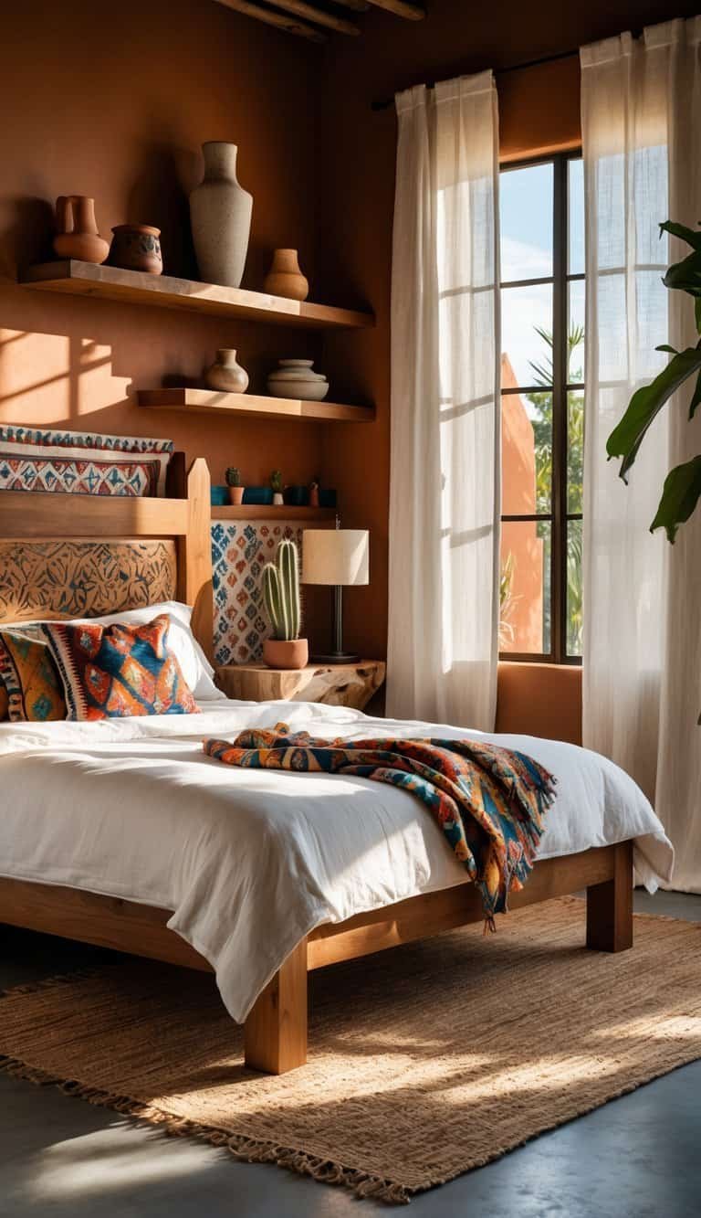Modern Mexican Bedroom - A bedroom with a wooden bed, colorful pillows, a woven blanket, pottery on shelves, a potted cactus on a nightstand, and natural light coming through a window.