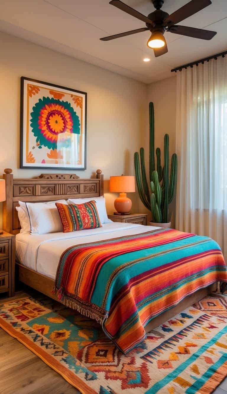 Modern Mexican Bedroom - A bedroom with a wooden bed, colorful blanket, nightstands with lamps, a patterned rug, plants near a window, and soft natural light.