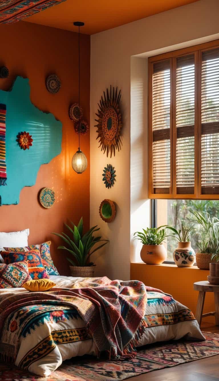 Modern Mexican Bedroom - A bedroom with a colorful accent wall, a neatly made bed with patterned pillows, wooden furniture, plants, and natural light coming through a window.