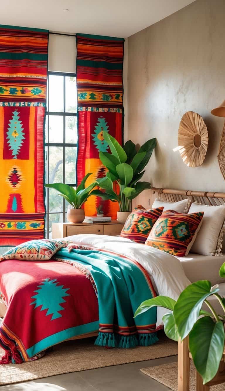 Modern Mexican Bedroom - A bedroom with a bed covered in colorful patterned blankets and pillows, wooden furniture, green plants, and natural light coming through large windows.